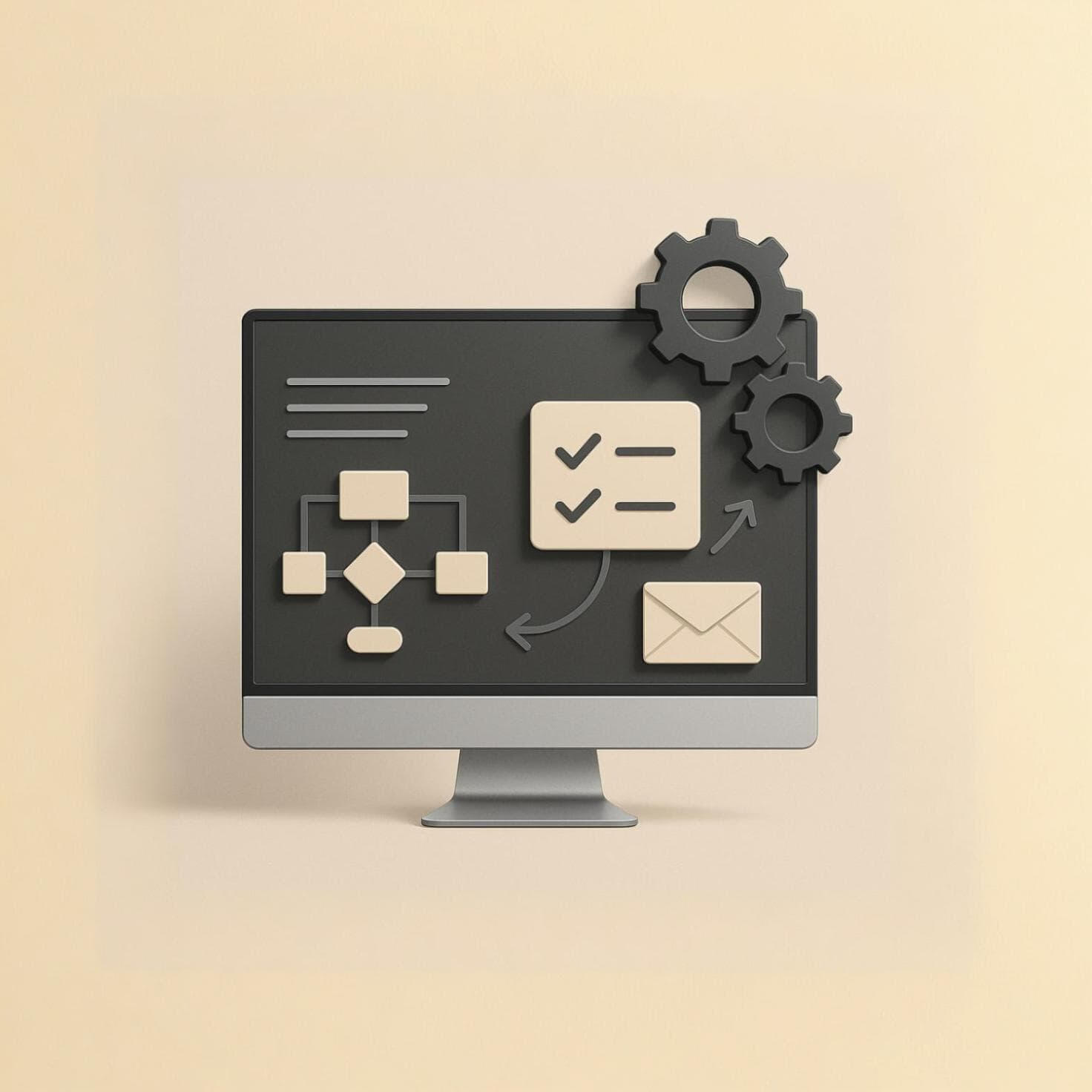 Diseño de pantalla con diagrama, engranajes y correo electrónico simbolizando creación de páginas web optimizadas y automatizadas