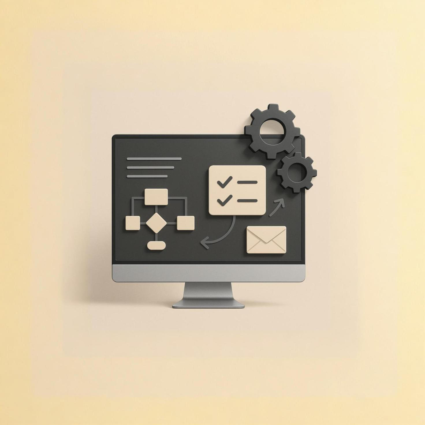 Diseño de pantalla con diagrama, engranajes y correo electrónico simbolizando creación de páginas web optimizadas y automatizadas