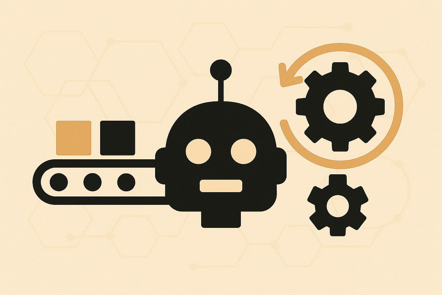 Ilustración de robot con engranajes representando automatización de tareas manuales y repetitivas