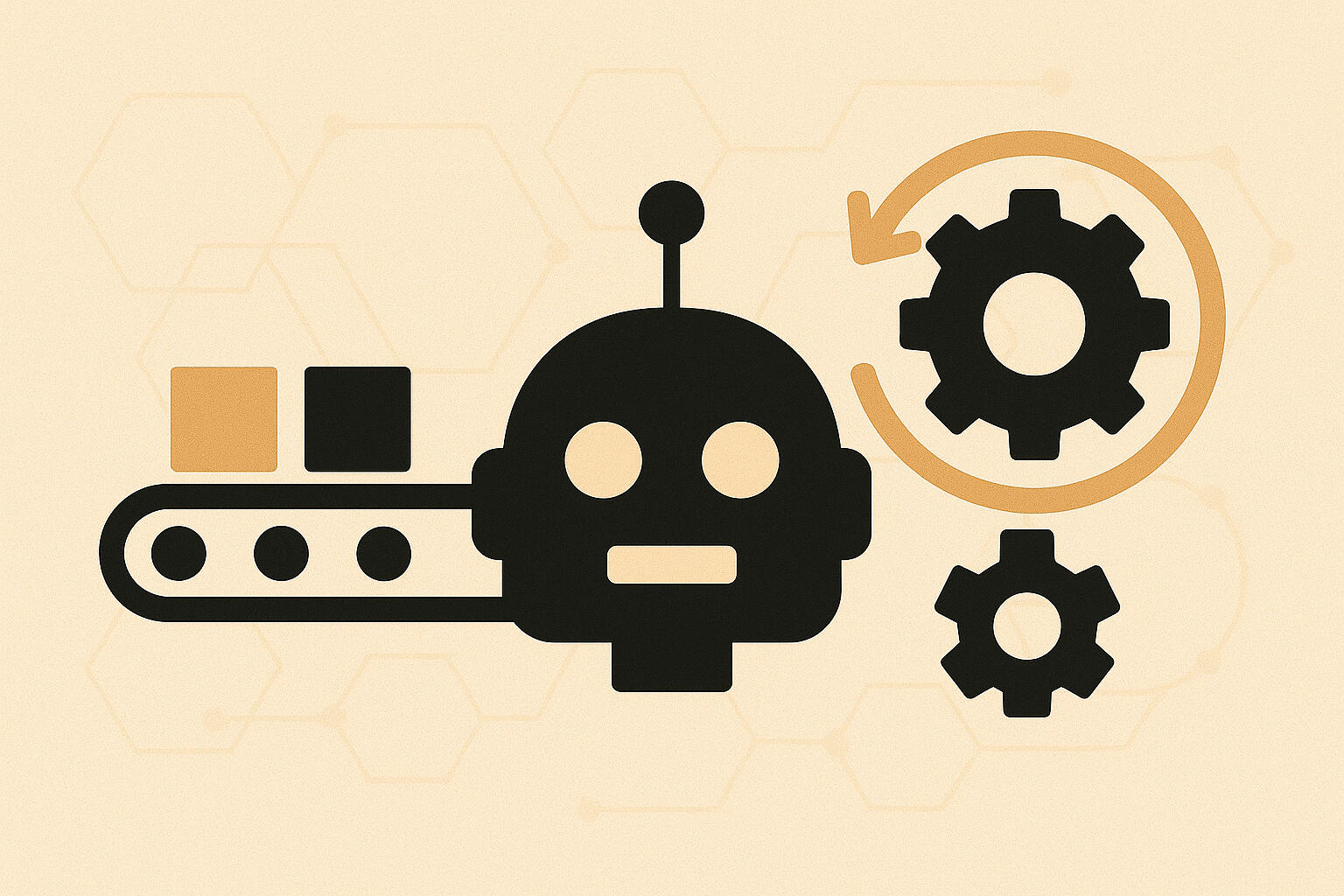 Ilustración de robot con engranajes representando automatización de tareas manuales y repetitivas
