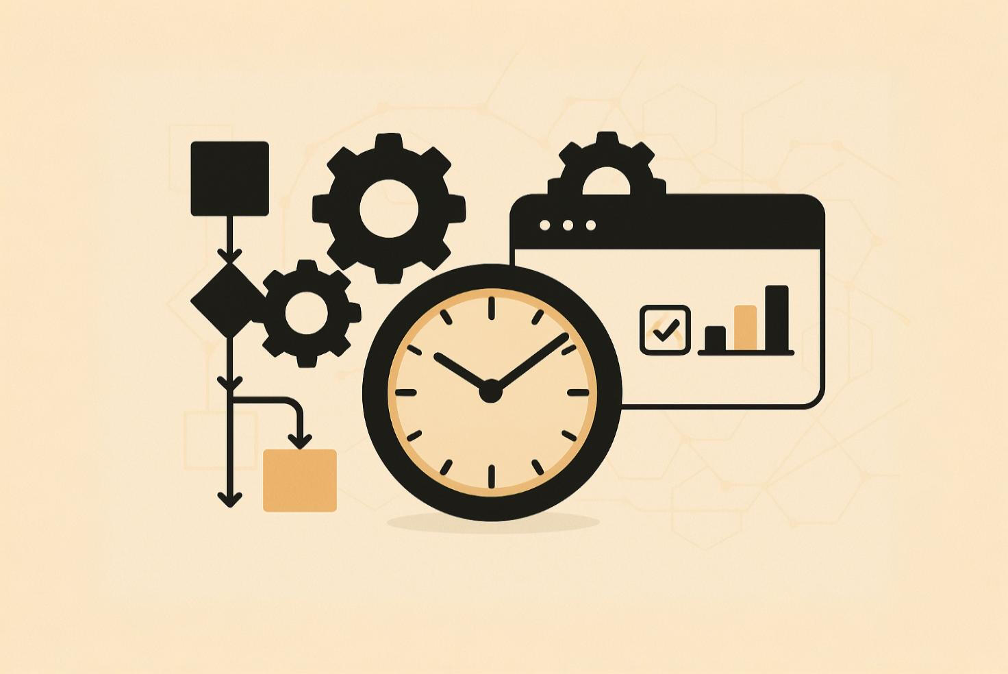Ilustración de reloj, engranajes y alertas de sistema para automatización de notificaciones
